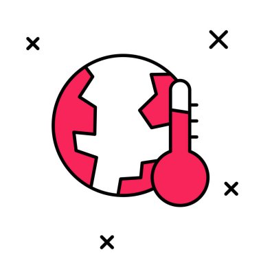 Yeryüzü gezegeninin ana hatları beyaz arka planda izole edilmiş küresel ısınma simgesine dönüşüyor. Ekolojik problemler ve çözümler - termometre. Vektör