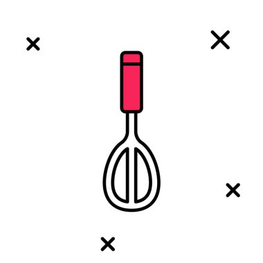 Doldurulmuş ana hatlı mutfak çırpma simgesi beyaz arkaplanda izole edildi. Mutfak aletleri, yumurta çırpıcı. Çatal bıçak seti. Yemek karışımı sembolü. Vektör