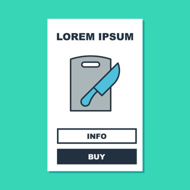 Kesme tahtası ve bıçak simgesi doldurulmuş turkuaz arka planda izole edilmiş. Kesme tahtası sembolü. Çatal bıçak sembolü. Vektör