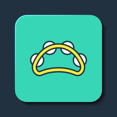 Ana hatlarıyla doldurulmuş müzikal enstrüman perküsyon tef, mavi arka planda metal plaka simgesi var. Turkuaz kare düğme. Vektör