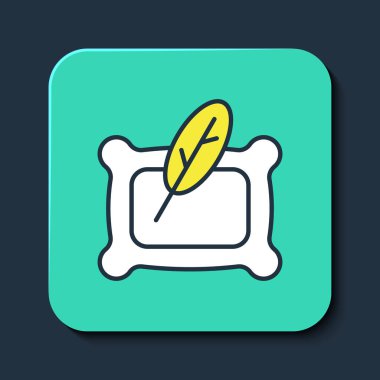 Mavi arkaplanda, ana hatlı dikdörtgen yastık simgesi izole edildi. Yastık tabelası. Ortopedik yastık. Turkuaz kare düğme. Vektör