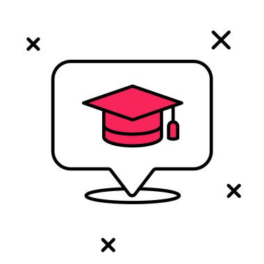 Beyaz arkaplanda izole edilmiş konuşma baloncuğu simgesinde özet doldurulmuş. Tassel ikonlu mezuniyet şapkası. Vektör