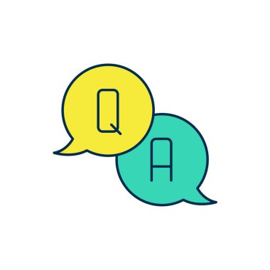 Beyaz arkaplanda izole edilmiş Soru ve Yanıt simgesiyle konuşma baloncukları dolduruldu. Q ve A sembolü. SSS işareti. Konuşma balonu ve çizelgesi. Vektör