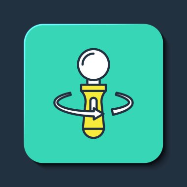 Doldurulmuş VR denetleyici oyun simgesi mavi arkaplanda izole edildi. Sanal gerçeklik deneyimi, mevcudiyet hissi, konum takip teknolojisi cihazı. Turkuaz kare düğme. Vektör