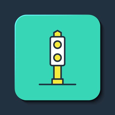Doldurulmuş ana hat tren trafik lambası simgesi mavi arkaplanda izole edildi. Trenlerin hareketlerini düzenlemek için demiryolu için trafik ışıkları. Turkuaz kare düğme. Vektör