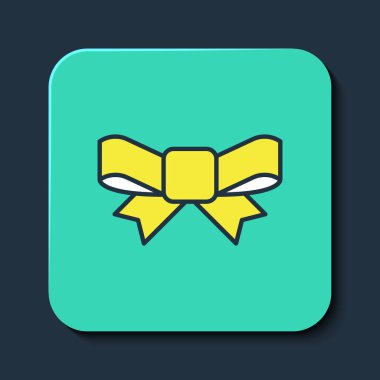 Hediye yayı simgesi mavi arkaplanda izole edildi. Turkuaz kare düğme. Vektör