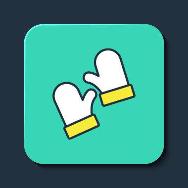 Mavi arka planda izole edilmiş bir çift örgü Noel eldiveni ikonu. Mitten simgesi. Mutlu Noeller ve mutlu yıllar. Turkuaz kare düğme. Vektör