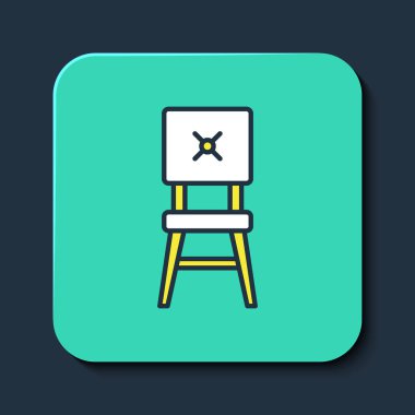 Mavi arka planda izole edilmiş ana hatlı sandalye simgesi. Turkuaz kare düğme. Vektör