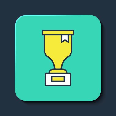 Taslak doldurulmuş ödül kupa simgesi mavi arkaplanda izole edildi. Galibiyet ödülü sembolü. Şampiyonluk ya da yarışma kupası. Spor başarısı işareti. Turkuaz kare düğme. Vektör