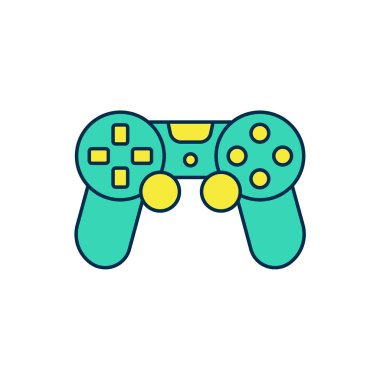 Beyaz arkaplanda izole edilmiş oyun konsolu simgesi için doldurulmuş oyun ana hatları denetleyici veya joystick. Vektör