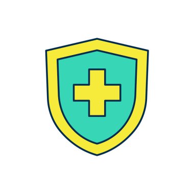 Beyaz arka planda izole edilmiş kalkan ikonu ile hayat sigortası doldurulmuş. Güvenlik, güvenlik, koruma, konsept koruma. Vektör