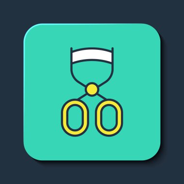 Doldurulmuş Kirpik bigudi simgesi mavi arkaplanda izole edildi. Makyaj aleti işareti. Turkuaz kare düğme. Vektör