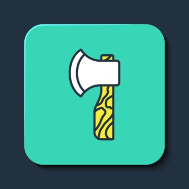 Doldurulmuş ahşap balta simgesi mavi arkaplanda izole edildi. Oduncu baltası. Turkuaz kare düğme. Vektör