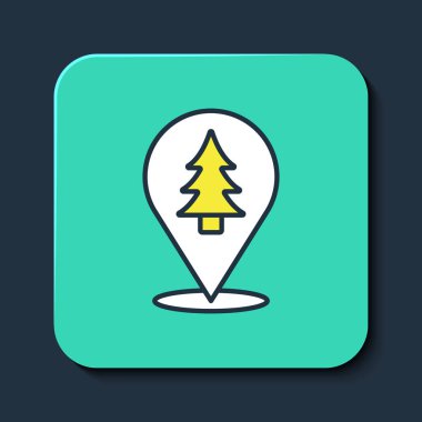 Mavi arka planda izole edilmiş bir harita simgesinde ormanın ana hatlarıyla doldurulmuş. Turkuaz kare düğme. Vektör