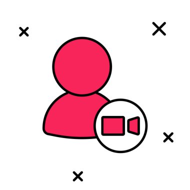 Beyaz arkaplanda izole edilmiş ana hatlı görüntülü sohbet ikonu. Çevrimiçi iş görüşmesi formu. Uzak proje yönetimi. Vektör