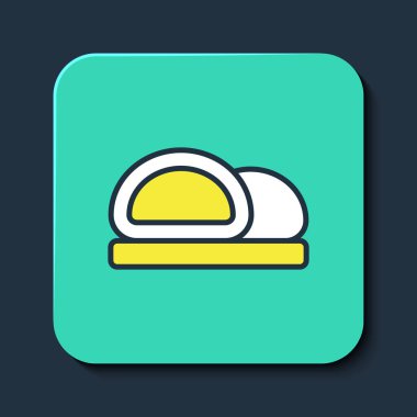 Doldurulmuş suşi simgesi mavi arkaplanda izole edildi. Geleneksel Japon yemekleri. Turkuaz kare düğme. Vektör