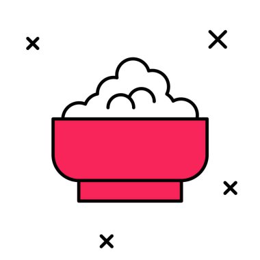 Beyaz arka planda izole edilmiş bir kase ikonunda Rice 'ın ana hatlarını doldurdum. Geleneksel Asya yemekleri. Vektör