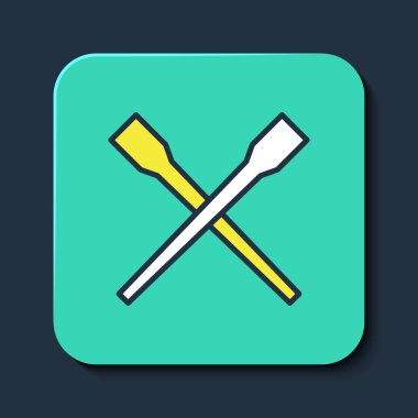 Doldurulmuş yemek çubukları simgesi mavi arka planda izole edilmiş. Asya yemekleri için tahta Kore çubukları. Doğulu aletler. Turkuaz kare düğme. Vektör