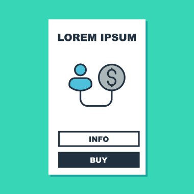 İnsan ve para simgesi doldurulmuş turkuaz arka planda izole edilmiş. Yatırım çekme kavramı. Büyük işletmelerin kazanç kaynağı ve başarısı. Vektör