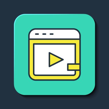 Mavi arkaplanda izole edilmiş ana hatlı video reklam simgesi. Pazarlama ve tanıtım süreci kavramı. İlgili reklamlar. Sosyal medya reklamcılığı. Turkuaz kare düğme. Vektör