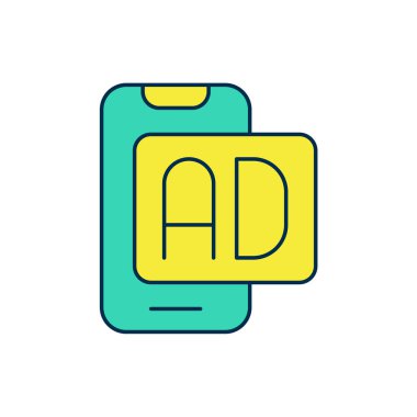 Doldurulmuş ana hat reklam simgesi beyaz arkaplanda izole edildi. Pazarlama ve tanıtım süreci kavramı. İlgili reklamlar. Sosyal medya reklamcılığı. Vektör