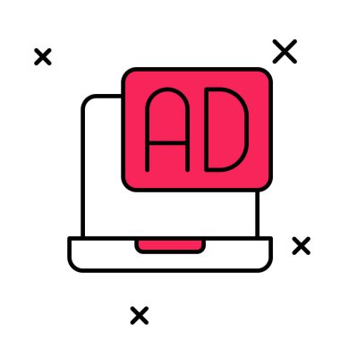 Doldurulmuş ana hat reklam simgesi beyaz arkaplanda izole edildi. Pazarlama ve tanıtım süreci kavramı. İlgili reklamlar. Sosyal medya reklamcılığı. Vektör