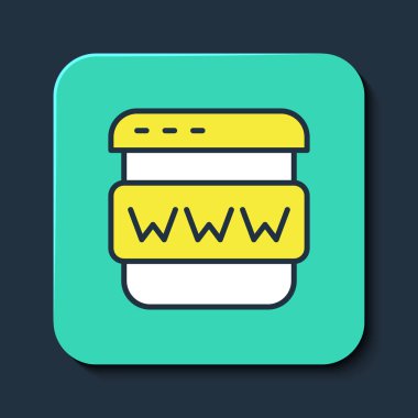 Doldurulmuş ana hatlı Tarayıcı pencere simgesi mavi arkaplanda izole edildi. Turkuaz kare düğme. Vektör