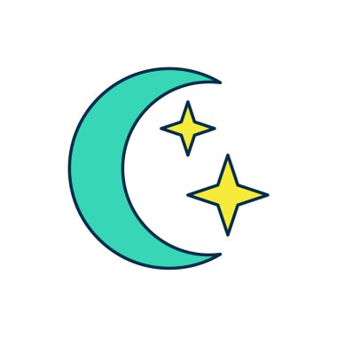 Doldurulmuş Ay ve yıldız simgesi beyaz arkaplanda izole edildi. Bulutlu gece işareti. Uyku rüyalarının sembolü. Dolunay. Gece ya da yatak zamanı tabelası. Vektör