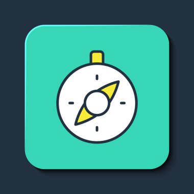 Doldurulmuş pusula simgesi mavi arkaplanda izole edildi. Rüzgâr yön bulma sembolü. Rüzgar gül işareti. Turkuaz kare düğme. Vektör