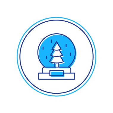 Yılbaşı kar küresinin ana hatlarıyla dolu. Beyaz arka planda izole edilmiş kar ve Noel ağacı ikonu var. Mutlu Noeller ve mutlu yıllar. Vektör