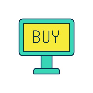 Doldurulmuş ana hatlı Buy düğmesi simgesi beyaz arkaplanda izole edildi. Vektör