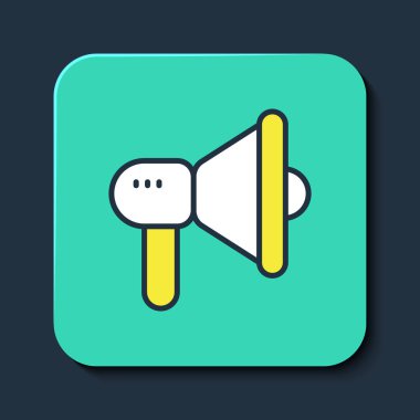 Mavi arkaplanda izole edilmiş ana hatlı Megafon simgesi. Sözcü işareti. Turkuaz kare düğme. Vektör