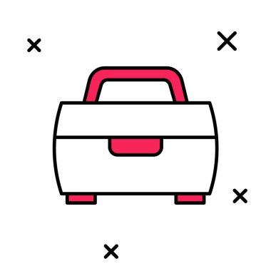 Beyaz arka planda izole edilmiş ana hatlı kasa ya da kutu konteynır sendeleyici ve dişli balıkçılık ekipmanları ikonu. Balık oltası. Vektör