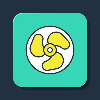 Dış hat motor simgesi mavi arka planda izole edildi. Tekne motoru. Turkuaz kare düğme. Vektör