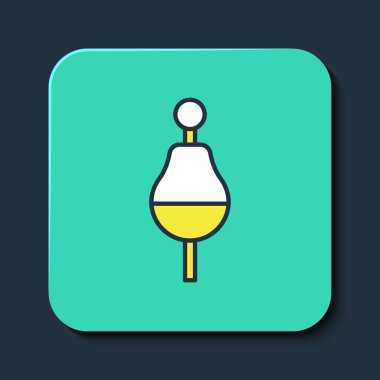 Mavi arkaplanda izole edilmiş ana hatlı balıkçılık şamandırası simgesi. Balık oltası. Turkuaz kare düğme. Vektör