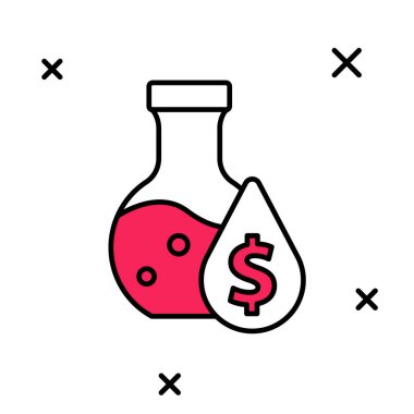 Doldurulmuş petrol test tüpü simgesi beyaz arka planda izole edildi. Komiklik şişesi ve düşen damla. Vektör