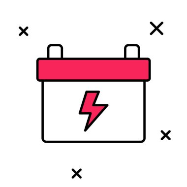 Doldurulmuş araba aküsü simgesi beyaz arka planda izole edilmiş. Akümülatör bataryası enerji ve elektrik akümülatörü bataryası. Vektör