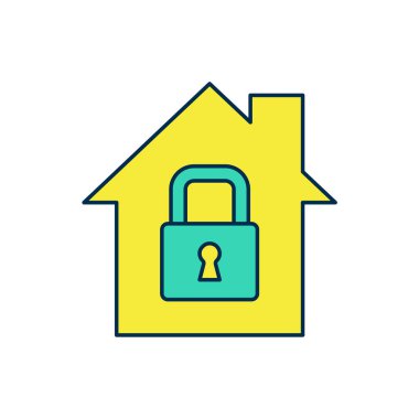 Beyaz arka planda izole edilmiş koruma simgesi altında ana hatları doldurulmuş ev. Eve git ve kilitle. Koruma, güvenlik, güvenlik, koruma, savunma konsepti. Vektör