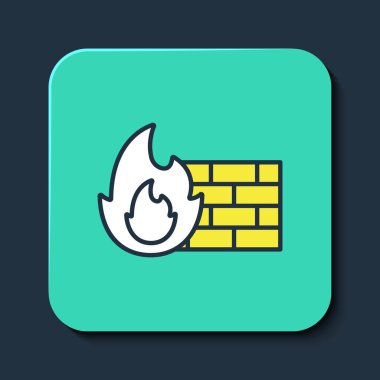 Firewall ana hatlarıyla dolu, güvenlik duvarı simgesi mavi arka planda izole edilmiş. Turkuaz kare düğme. Vektör