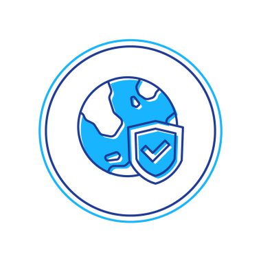 Taslak Kalkan 'ı beyaz arka planda izole edilmiş dünya küresi ikonu ile doldurdum. Sigorta konsepti. Güvenlik, güvenlik, koruma, gizlilik kavramı. Vektör