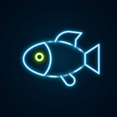 Parlayan neon hattı. Siyah zemin üzerinde balık simgesi izole edildi. Renkli taslak konsepti. Vektör