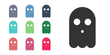 Siyah Hayalet simgesi beyaz arkaplanda izole edildi. Mutlu Cadılar Bayramı Partisi. Simgeleri renklendirin. Vektör