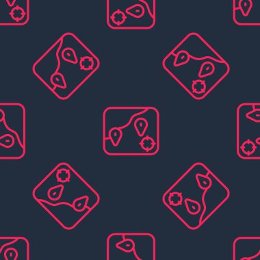 Kırmızı çizgi konum balıkçılık ikonu siyah arka planda izole edilmiş pürüzsüz desen. Balıkçılık yeri. Vektör