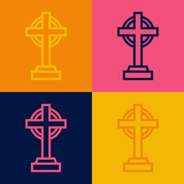 Çapraz simgesi renk arkaplanında izole edilmiş pop sanat çizgisi Tombstone. Mezar ikonu. Mutlu Cadılar Bayramı Partisi. Vektör