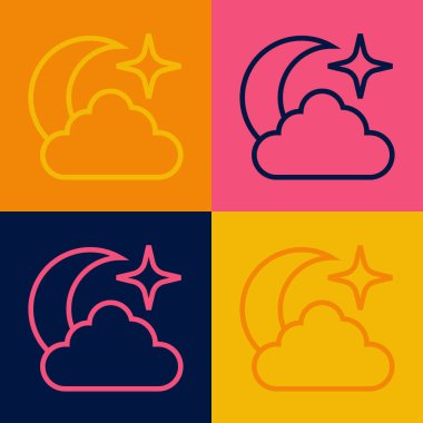 Pop sanat çizgisi Moon ve yıldız ikonu renk arkaplanında izole edilmiş. Bulutlu gece işareti. Uyku rüyalarının sembolü. Dolunay. Gece ya da yatak zamanı tabelası. Vektör