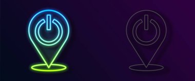 Parlayan neon hattı güç simgesi siyah arkaplanda izole edildi. Başlat işareti. Vektör