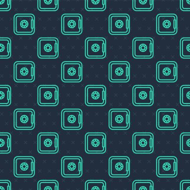 Yeşil çizgi güvenli simgesi mavi arkaplanda izole edilmiş kusursuz desen. Kapı, şifreli bir banka kasası. Güvenilir Veri Koruma. Vektör