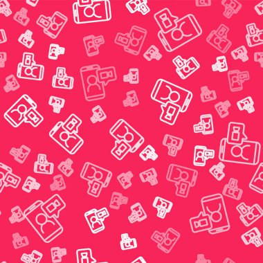 Beyaz çizgi görüntülü sohbet konferans simgesi kırmızı arkaplanda izole edilmiş kusursuz desen. Çevrimiçi iş görüşmesi formu. Uzak proje yönetimi. Vektör