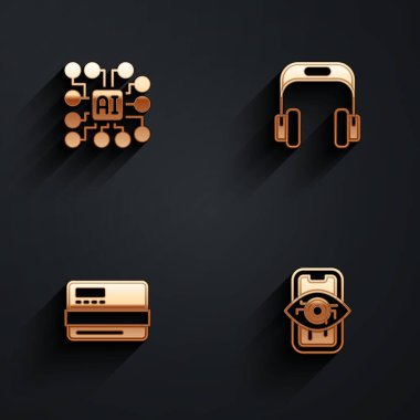 Sinir ağı, kulaklıklar, kredi kartı ve bilgisayar görme simgesini uzun gölgeli ayarla. Vektör