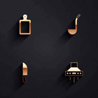 Kesme tahtası, mutfak kepçesi, bıçak ve sökücü fan simgesini uzun gölgeli ayarla. Vektör